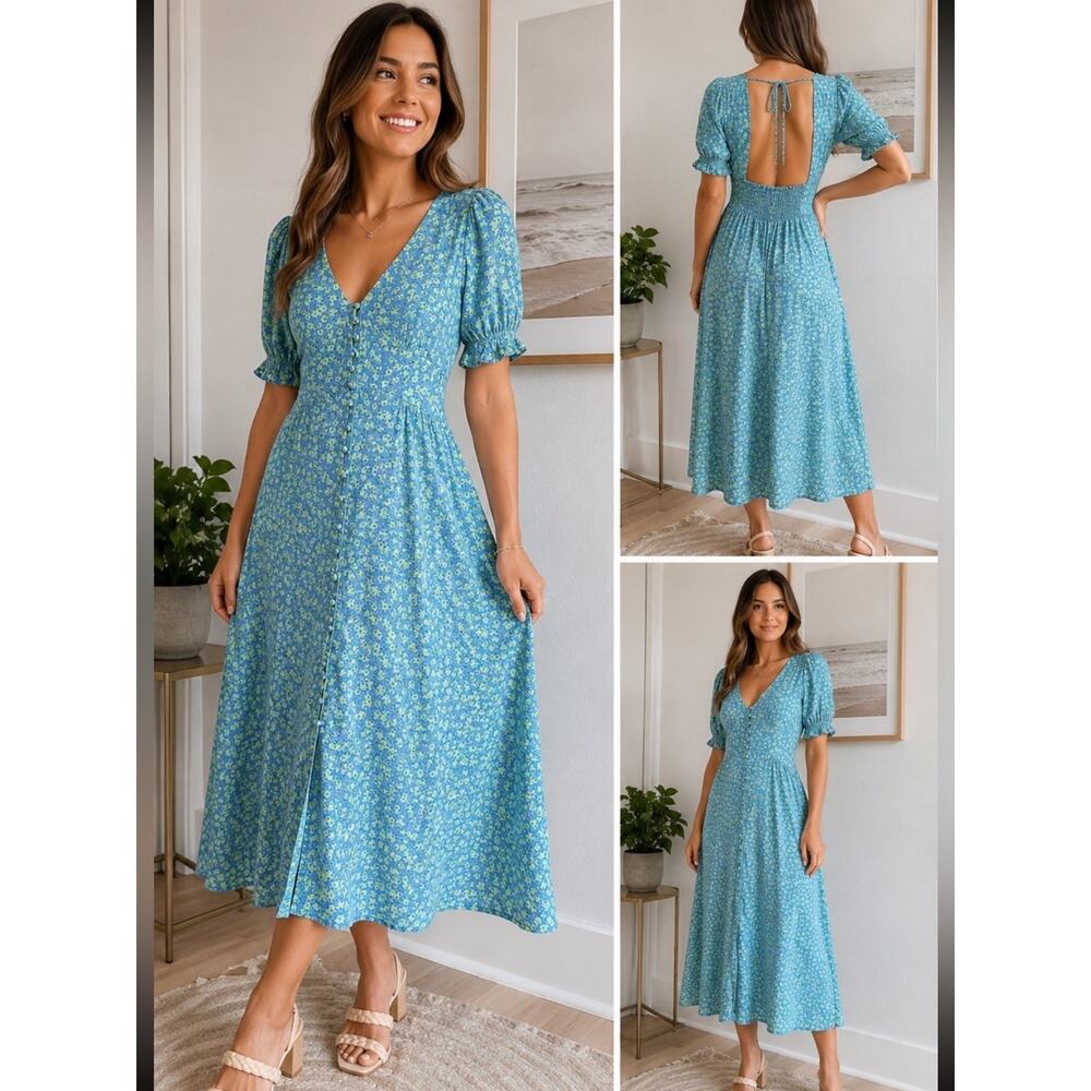 MNG Mango Blue Green Floral Button Front Midi Dress Puff Sleeve Open Back Size 8